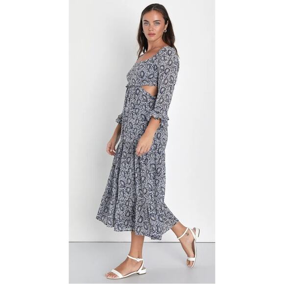 Lulus Blissful Sweetie Navy Blue Paisley Tiered Waist Cutouts Midi Dres Size M - Picture 8 of 11